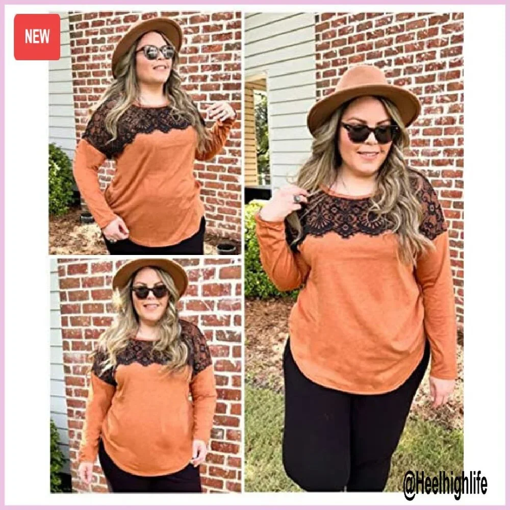 Plus Size Long Sleeve Lace Tunic Top Lightweight Sweatshirt Pullover XL-5XL